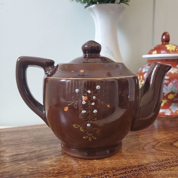 Vintage JAPAN Ceramic Teapot Floral Moriage Painted Brown Retro - Picture 2 of 6